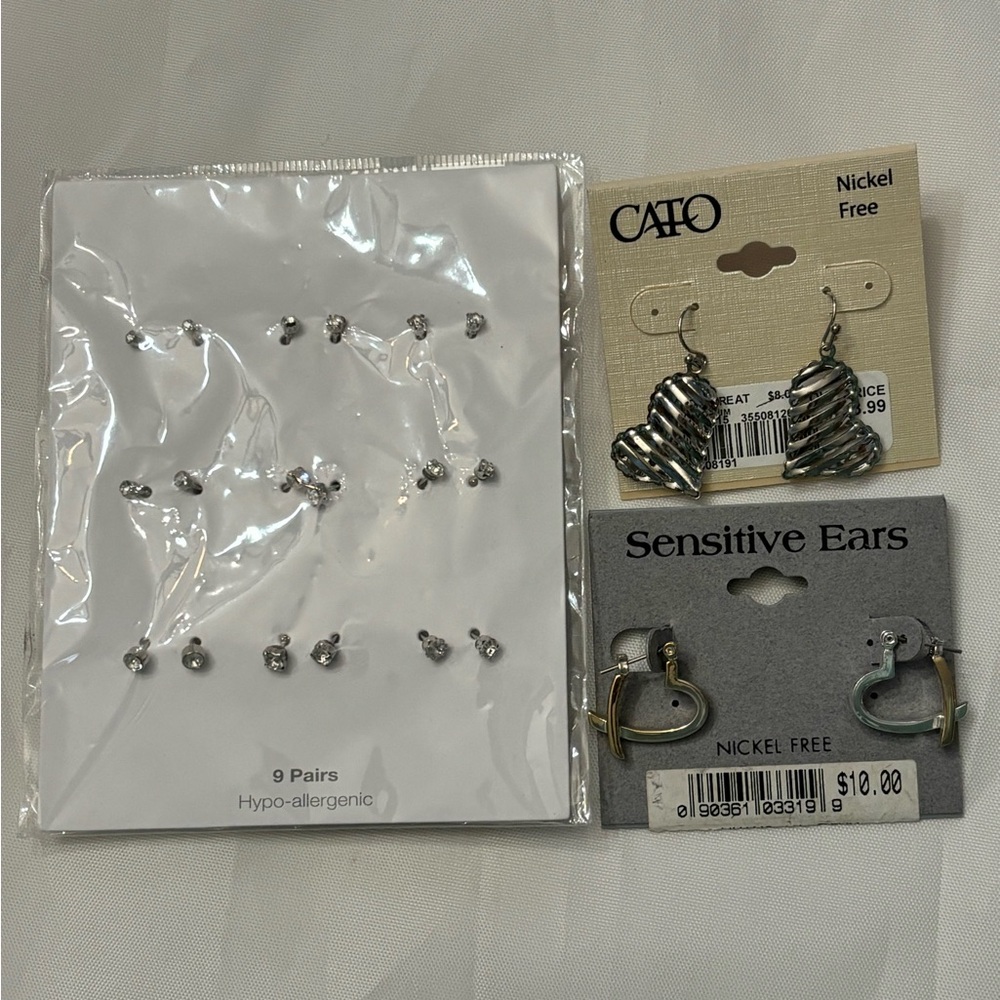 🔵NEW 3 pack, 11 pair total Silver Tone Earrings, Hypoallergenic and Nickel Free